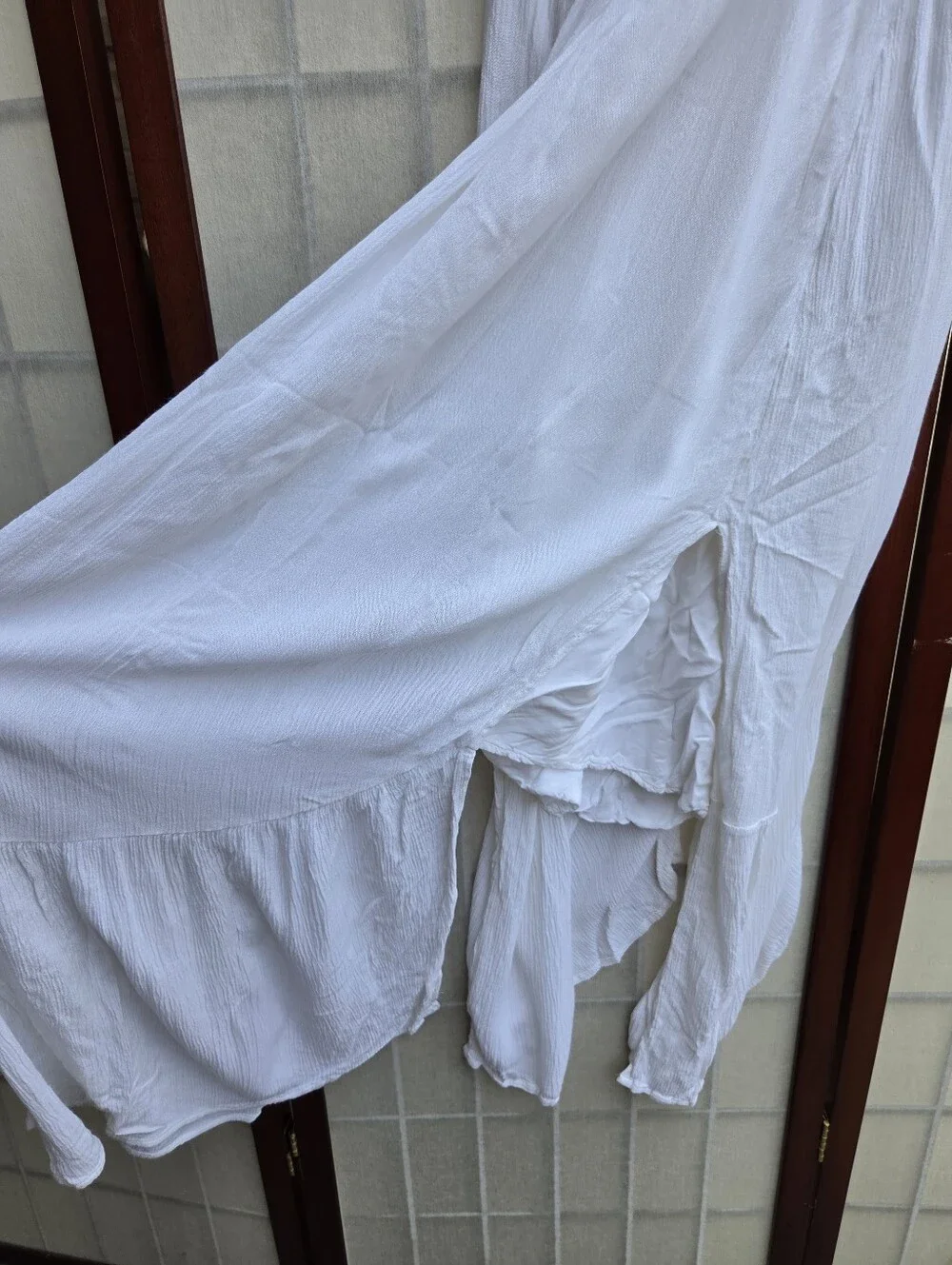 Abercrombie & Fitch White Crinkle Maxi Dress L Cottagecore Boho Coastal High-Low